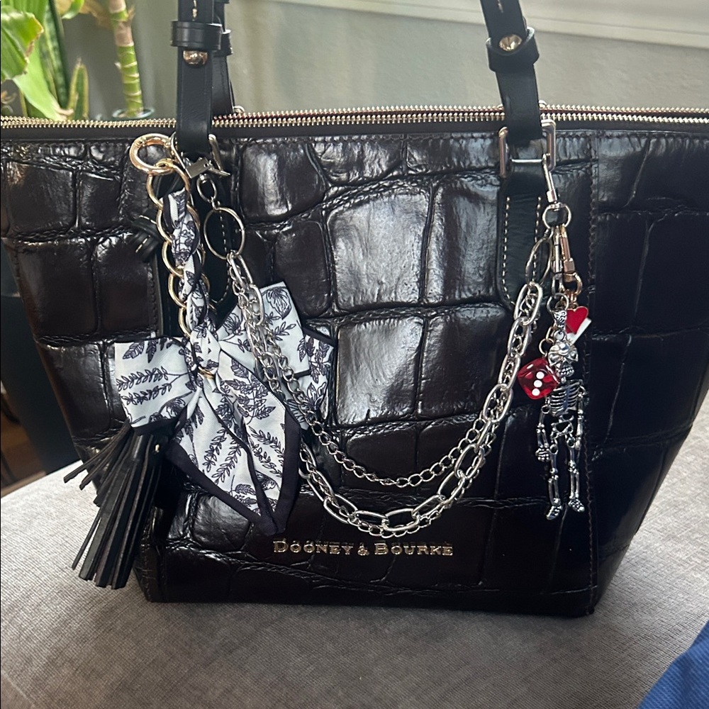 Dooney & Bourke Black Croc-Embossed Tote with Chain Charms
